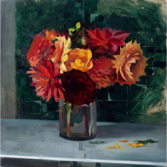 Dahliahs and Dark Green by Jon Doran | Oil on Panel Still life of colorful dahlias in a vase For Sale