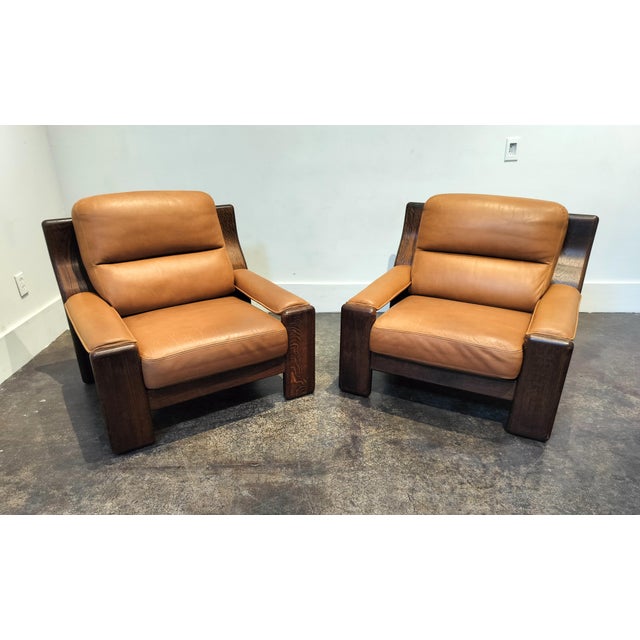 1970s Heavy Circa 1970 Oak and Cognac Leather French Club Chairs For Sale - Image 5 of 9