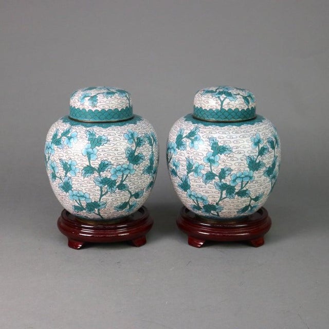 Pair of Antique Chinese Cloisonne Floral Enameled Covered Urns C1930 Measures - 10"H x 7"W x 7"D