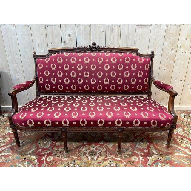 Louis XVI Style Bench in Burgundy Fabric For Sale - Image 3 of 11