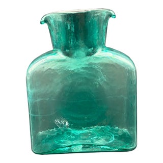Vintage Blenko Teal Hand Blown Double Spouted Pitcher Art Glass For Sale