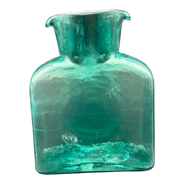 Vintage Blenko Teal Hand Blown Double Spouted Pitcher Art Glass For Sale