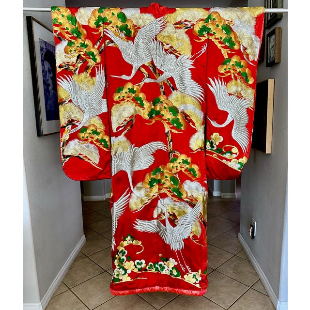 Japanese Vintage Red Brocade With Flying Cranes Japanese Ceremonial Kimono For Sale - Image 3 of 18