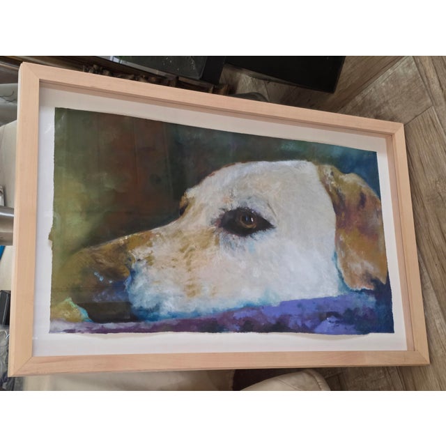 Beautiful original Pastel dog portrait on thick artist paper under glass in a clean contemporary custom frame.