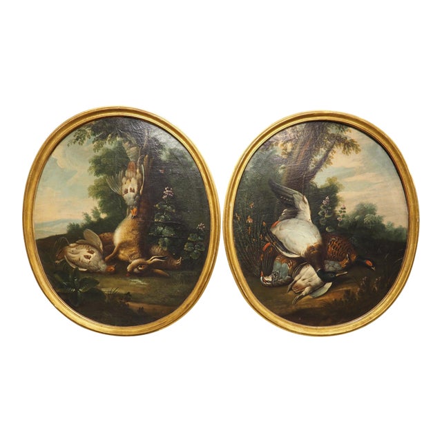 Pair of French Antique Hunt Trophy Paintings in Giltwood Frames, 19th Century For Sale