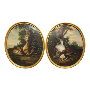 Pair of French Antique Hunt Trophy Paintings in Giltwood Frames, 19th Century