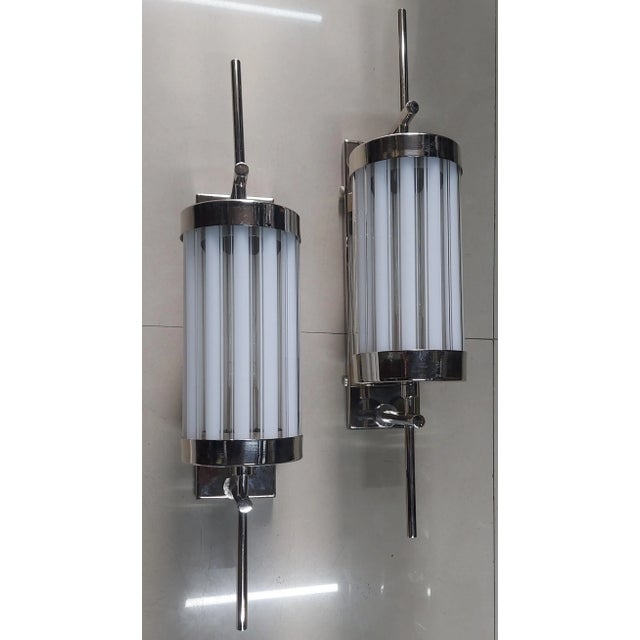 Art Deco Pair Vintage 1940s Skyscraper Art Deco Wall Sconces in Brass & Milk Glass Rod Ship Light For Sale - Image 3 of 3