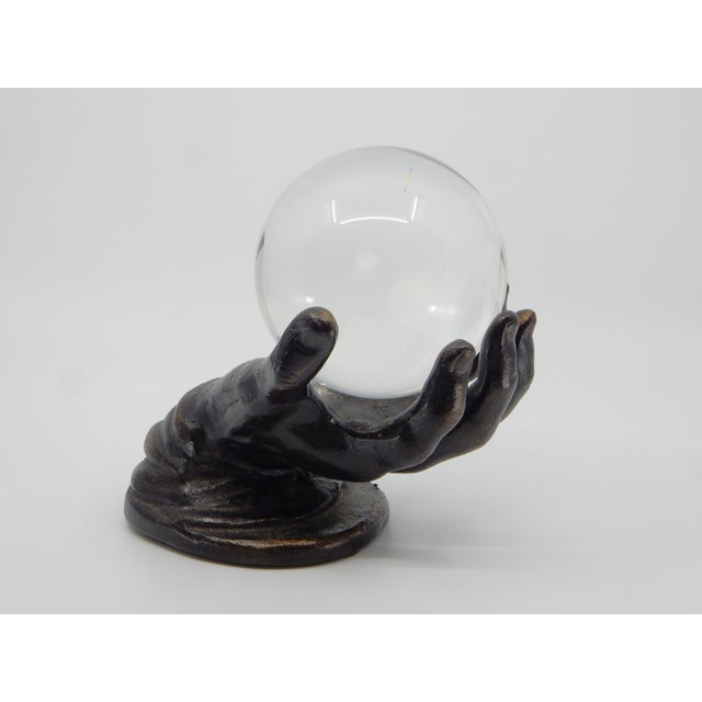 Mid-Century Modern Vintage Bronze Hand Sculpture Holding an Optical Crystal Ball For Sale - Image 3 of 7
