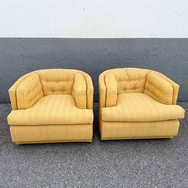 Yellow Vintage Mid Century Yellow Tufted Swivel Barrell Chairs With Pink Purple and Blue Stripes - A Pair For Sale - Image 8 of 12