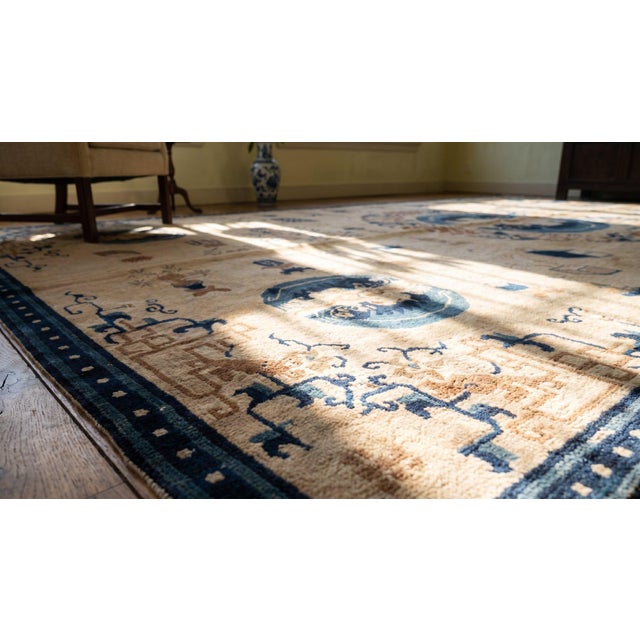 Ivory 1850s White Cream Medallion Handknotted Antique Chinese Ningxia Rug 8' 2" X 17' 6" Wool Carpet For Sale - Image 8 of 9