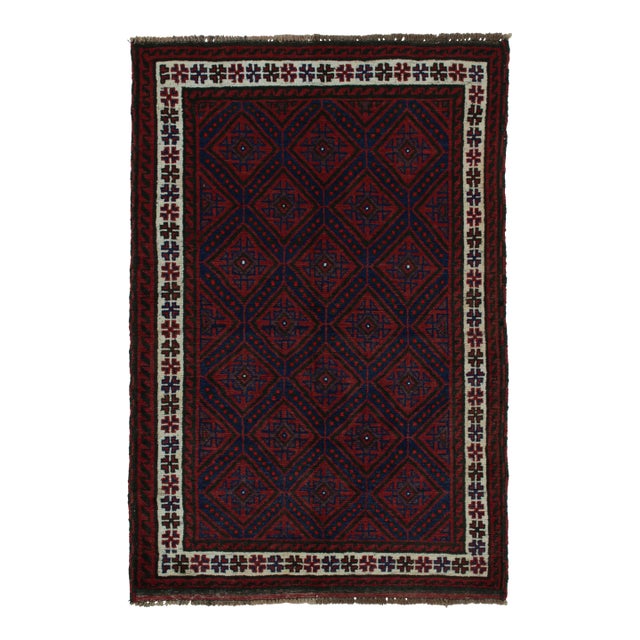 1950s Vintage Baluch Tribal Rug in Red & Navy Blue Patterns by Rug & Kilim For Sale