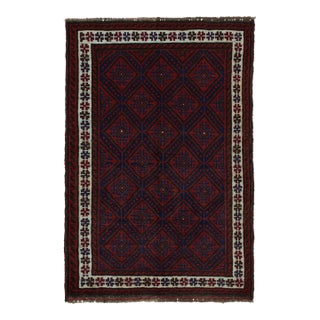 Rug & Kilim’s Baluch Tribal Rug With Burgundy and Navy Blue Geometric Patterns For Sale