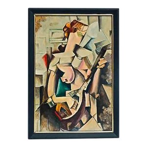 Vintage Art Deco Cubist Musician Oil Painting