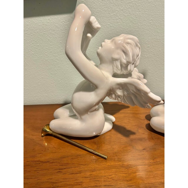 Metal Vintage Department 56 “Winter Silhouettes” White Porcelain Angels With Brass Trumpets - A Pair For Sale - Image 7 of 9