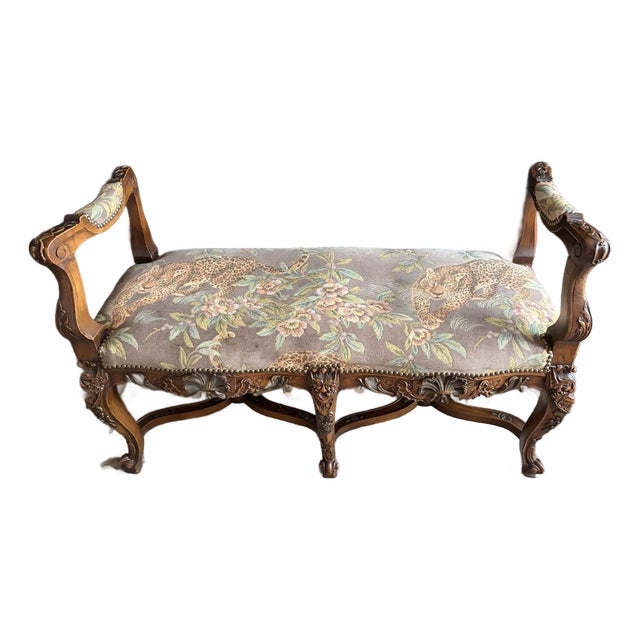 Late 20th Century Louis XV Style Carved Wood Window Bench in Leopard & Floral Tapestry For Sale