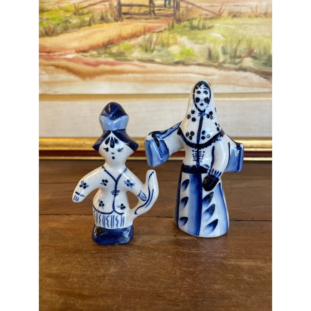 Blue Vintage Blue and White Porcelain Figurine Pair, Hand-Painted Folk Figures For Sale - Image 8 of 10