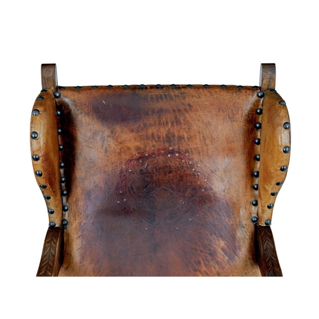 Carved Oak and Leather Armchairs, 1890, Set of 2 For Sale - Image 9 of 10