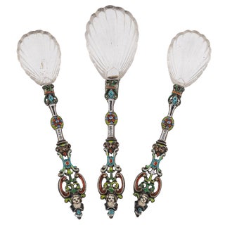 Antique 19th Century Austrian Silver, Enamel & Rock Crystal Spoons, 1880s, Set of 3 For Sale
