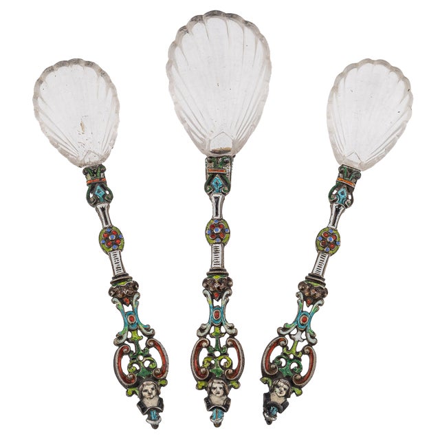 Antique 19th Century Austrian Silver, Enamel & Rock Crystal Spoons, 1880s, Set of 3 For Sale