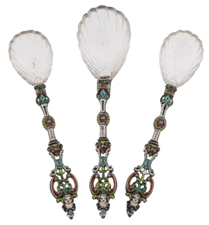 Antique 19th Century Austrian Silver, Enamel & Rock Crystal Spoons, 1880s, Set of 3