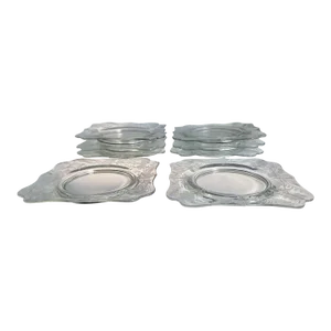 Set of 8 Clear Floral Etched Scalloped Square Glass Plates, 1930's
