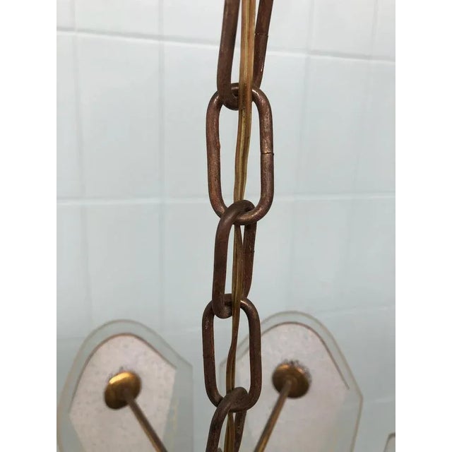 Mid-Century Modern Vintage Suspension Chandelier in Brass and with Decorated Glass Lampshades, Italy, 1950s For Sale - Image 3 of 12