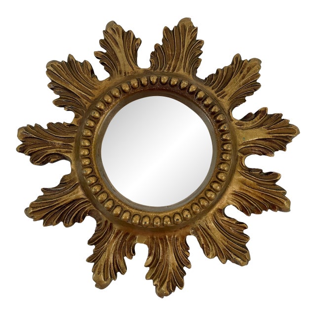 Vintage 1960s Petite 8.5" Acanthus Leaf Sunburst Wall Mirror For Sale