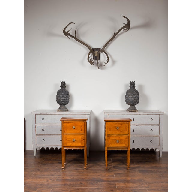 Pair of 1820s Italian Neoclassical Carved Walnut Bedside Tables with Banding For Sale In Atlanta - Image 6 of 12