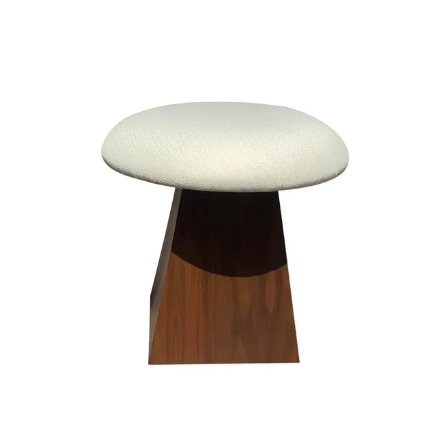 Mid-Century Modern walnut stools . Nice walnut grain having triangular shaped basewith round off-white Chenille fabric...