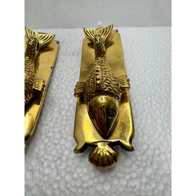 Vintage Hollywood Regency Solid Brass Koi Fish Hardware Cabinetry Knobs Hardware/Pulls, Set of 3 For Sale - Image 10 of 12