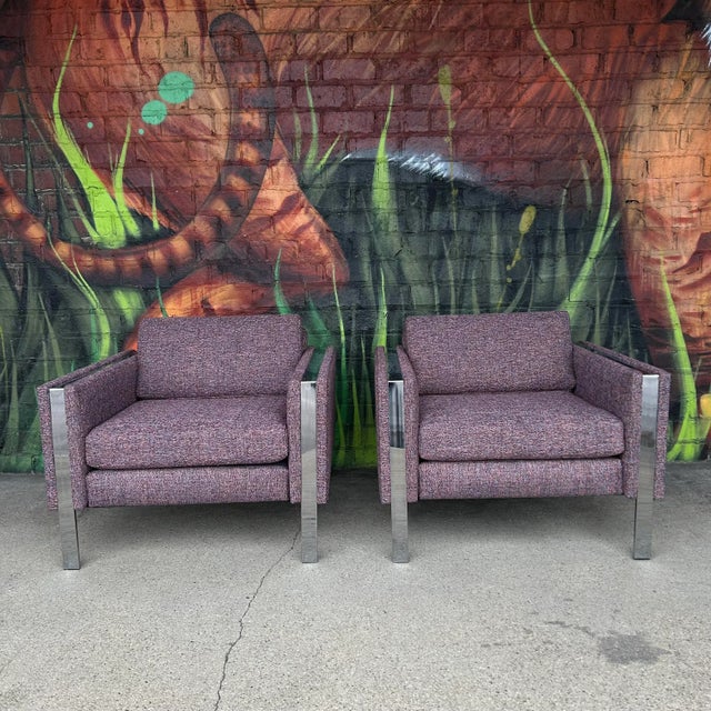 Postmodern Pair of Chrome Cube Club Chairs Newly Upholstered in a Great Multi Color Texture Fabric For Sale - Image 3 of 13