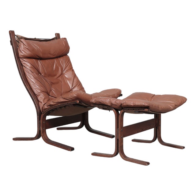 Set of Cognac Leather Highback Siesta Chair and Ottoman by Ingmar Relling for Westnofa, 1970s For Sale