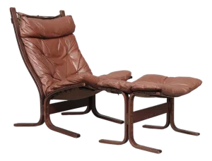 Set of Cognac Leather Highback Siesta Chair and Ottoman by Ingmar Relling for Westnofa, 1970s
