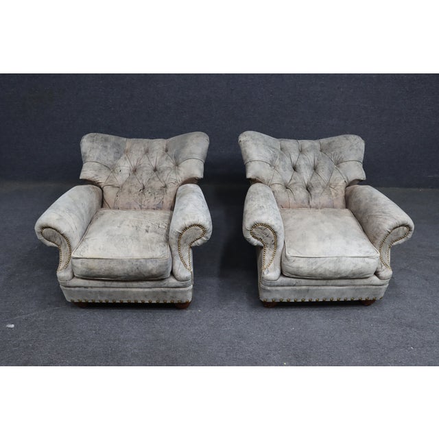 Pair of Leathercraft Inc. Distressed Gray Tufted Leather Recliner Club Chairs For Sale - Image 17 of 18