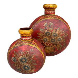 Vintage Hand Painted Rajasthani Metal Vase-Pair For Sale