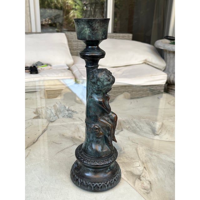 Vintage French Style Patinated Brass and Bronze Figural Cherub Putti Candlesticks - A Pair For Sale - Image 11 of 13