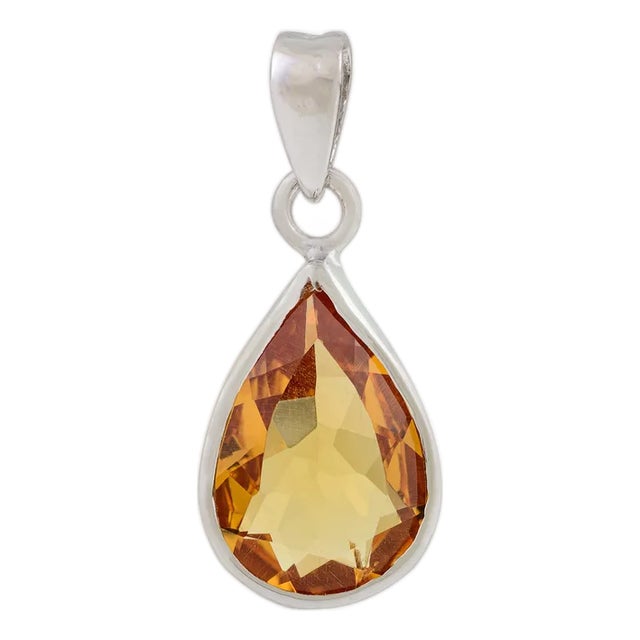 Teardrop Citrine Gemstone Silver Charm Pendant for Him For Sale