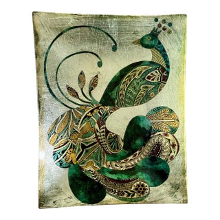 Whimsical Late 20th-Century Reverse Painted Glass Decorative Peacock Tray For Sale