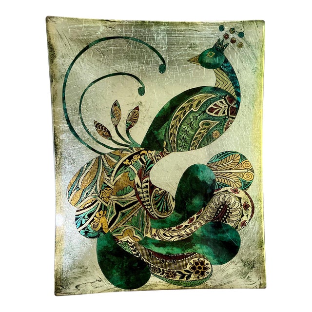 Whimsical Late 20th-Century Reverse Painted Glass Decorative Peacock Tray For Sale