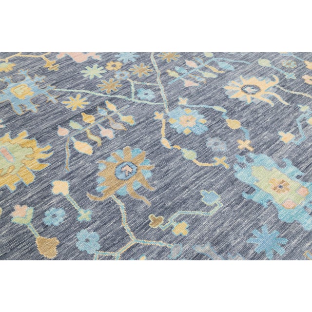 Modern Oushak Style Hand-Knotted Wool Area Rug in Charcoal, Sky Blue & Pastel For Sale - Image 9 of 11