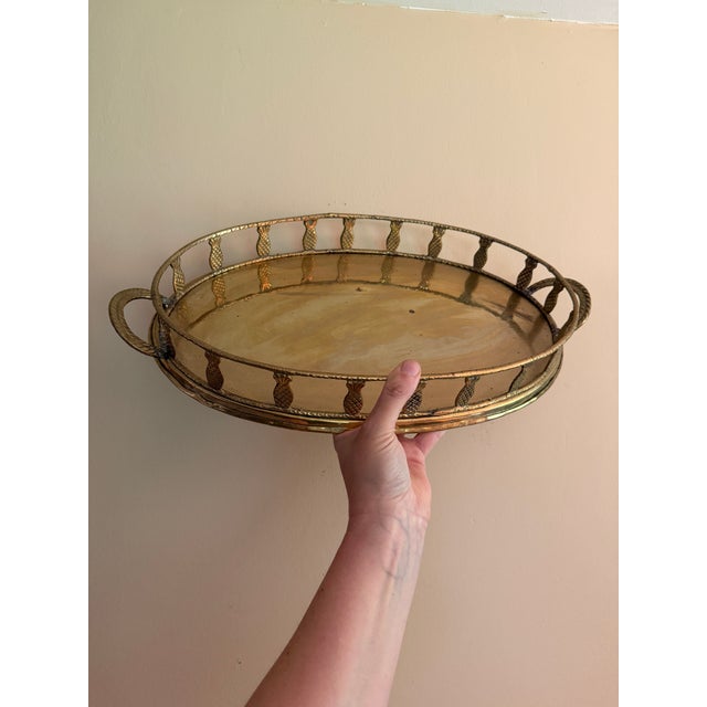 1970s Brass Pineapple Faux Bamboo Tray 20” Regency For Sale - Image 4 of 5