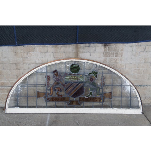 Set of 2 Antique Manchester English Stained Glass Palladian Windows Coat of Arms For Sale - Image 10 of 12