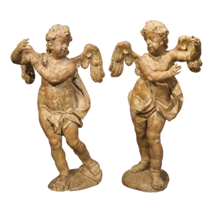 Pair of 18th Century Carved Wooden Winged Cherubs From Italy