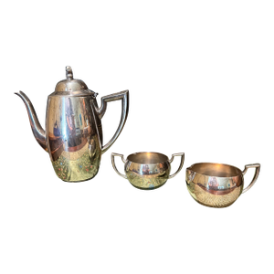 1940s Oneida Silversmiths Silver Plated 3-Piece Tea Set Pitcher, Creamer & Sugar Bowl Set