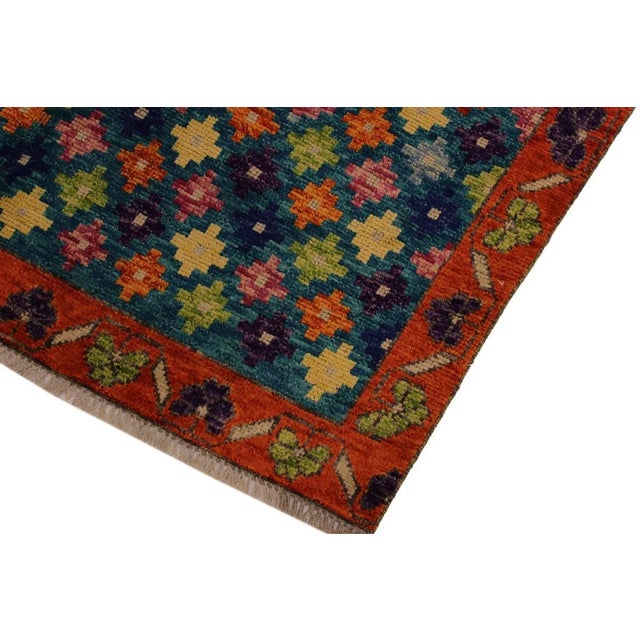 Contemporary 1990s Shabby Chic Balouchi Teal/Orange Wool Rug - 4'10 X 6'11 For Sale - Image 3 of 8