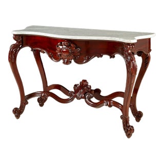 Italian Antique Carved Mahogany Console Table With Carrara Marble Top For Sale