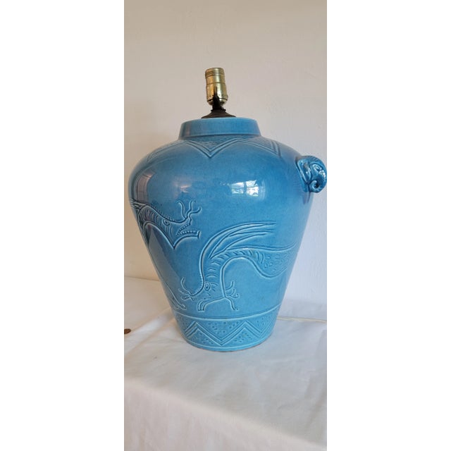 Extra Large Vintage 1960s Blue Glazed Lamp With Dueling Dragons Motif For Sale - Image 4 of 12