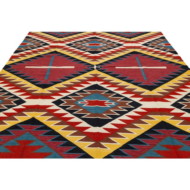 2020s Contemporary Navajo-Style Eye Dazzler Flat-Weave Wool Area Rug / Southwestern For Sale - Image 5 of 12