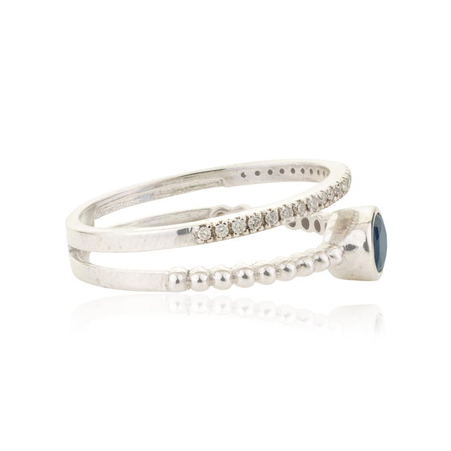 14k Gold Modern Blue Sapphire & Diamond Beaded Double Band Ring Size 4 For Sale In New York - Image 6 of 14