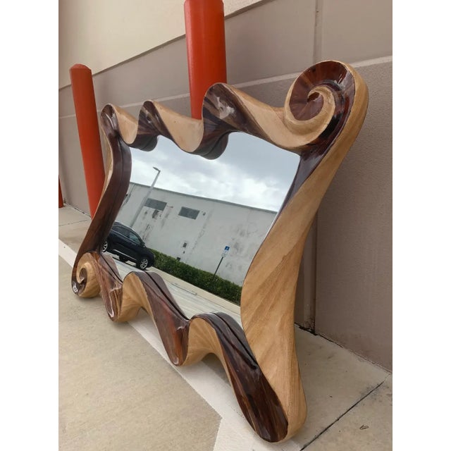 Show stopping monumental spiral restored organic olive mirror. Hand carved spirals and waves add depth and movement to...